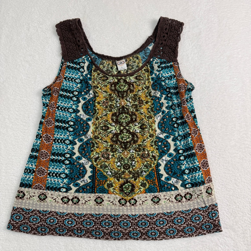 Bila Crochet Trim Embellished Tank Top Womens Large Boho‎ Flowy Vacation Summer